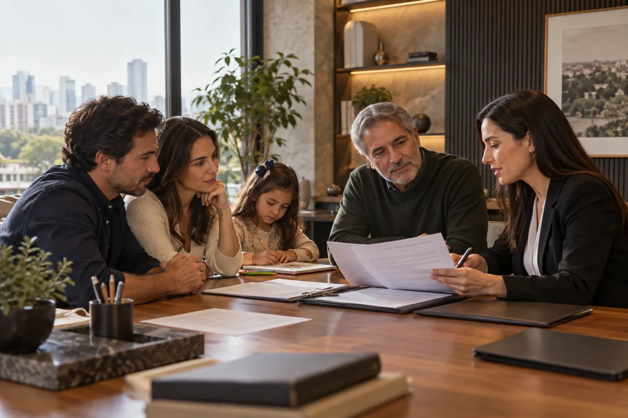 Família e profissional do direito analisam documentos de herança enquanto uma criança desenha ao lado