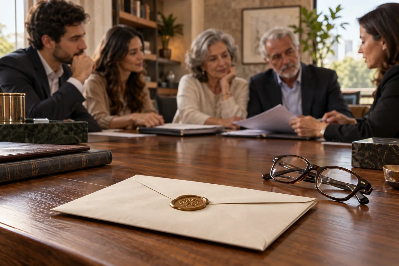 Envelope de testamento e óculos sobre mesa de madeira, com reunião familiar ao fundo