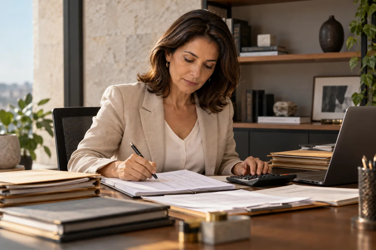 Administradora do espólio organiza recibos e planilha de despesas em mesa de escritório