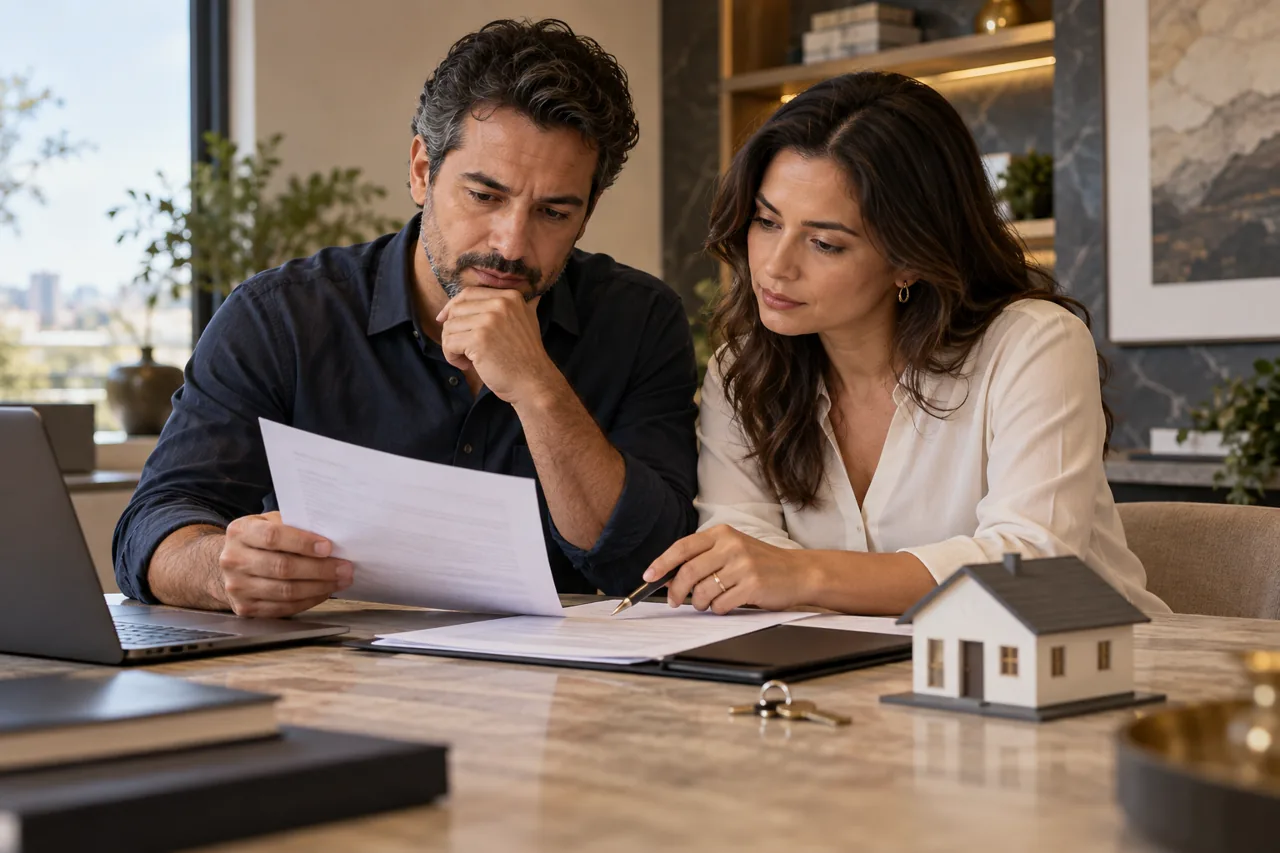 Casal analisa contrato de financiamento ao lado de chave e pequeno modelo de uma casa