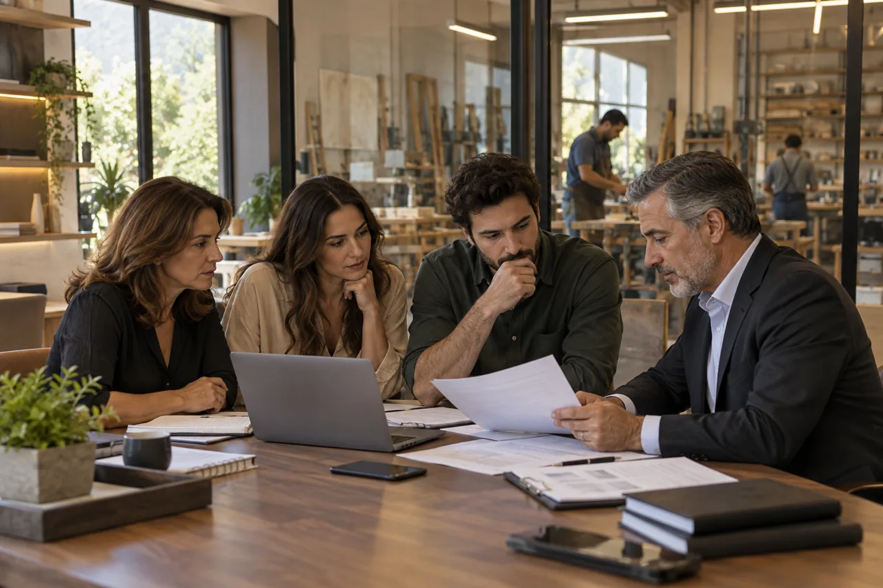 Familiares e consultora analisam documentos de uma pequena empresa em escritório com oficina ao fundo