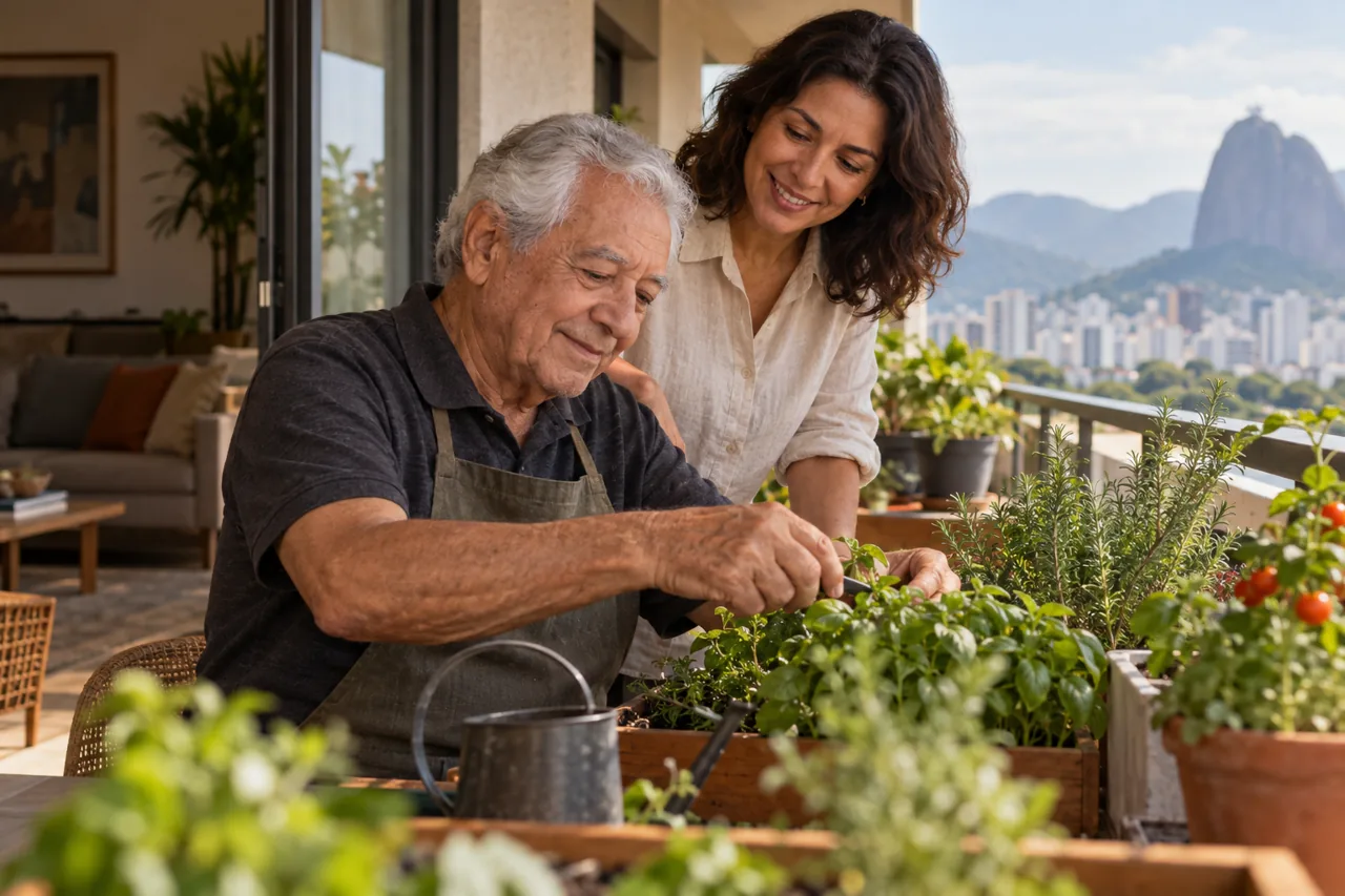 Homem idoso cuida de plantas na varanda com apoio discreto da filha adulta