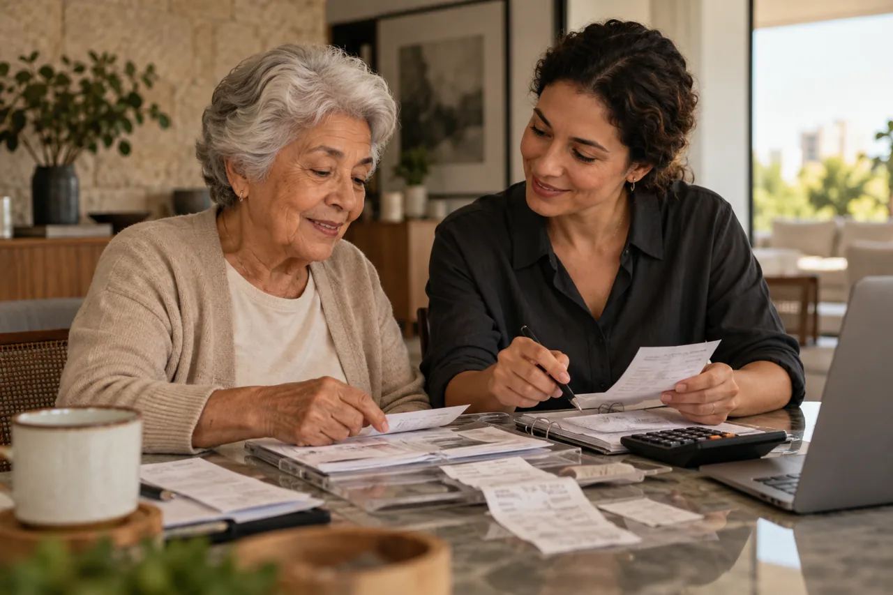 Mulher idosa e cuidadora conferem comprovantes de despesas com calculadora em mesa clara